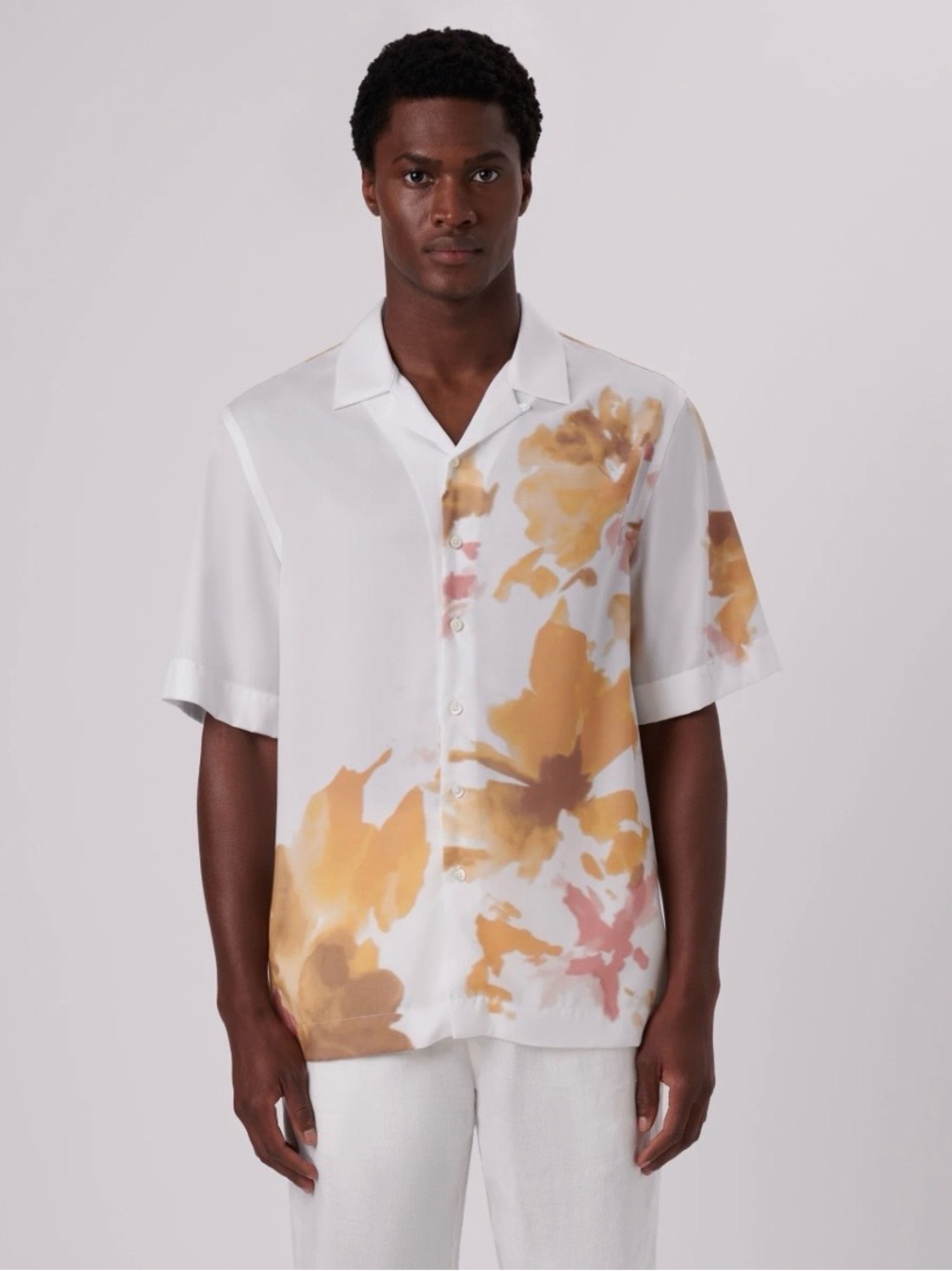 Bugatchi White Short-Sleeve Button-Down with  Dandelion Floral Print size 3XL